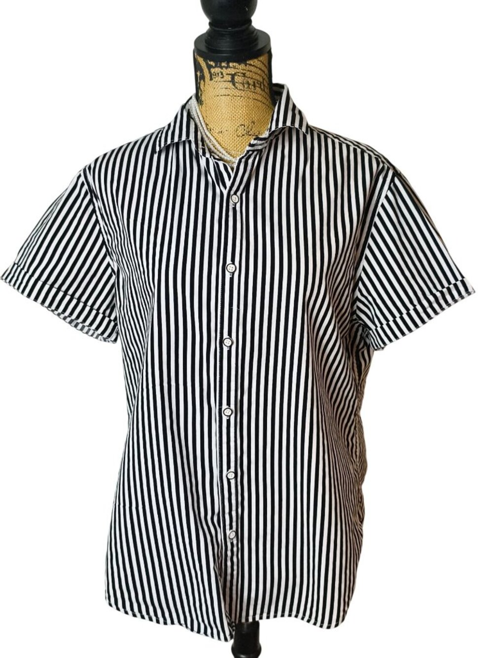 Denim & Flower Womens L Button Down Shirt Blk/Wht Striped Shrot-Slv Slim Preppy